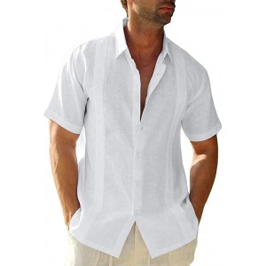 SMIFCAALOR Mens Short Sleeve Guayabera Shirt Linen Cotton Cuban Shirt Button Down Summer Beach Tops