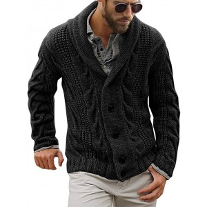 SMIFCAALOR Mens Shawl Cardigan Sweaters Cable Knitted Loose Fit Chunky Warm Sweater with Buttons